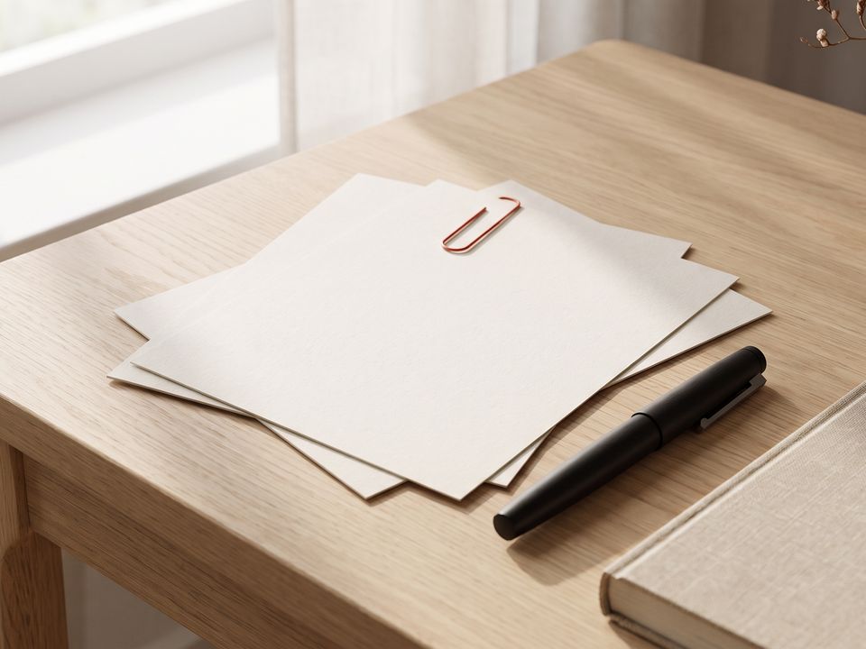 Blank warm-white sheets on a pale oak desk in daylight, with a pen and a linen notebook
